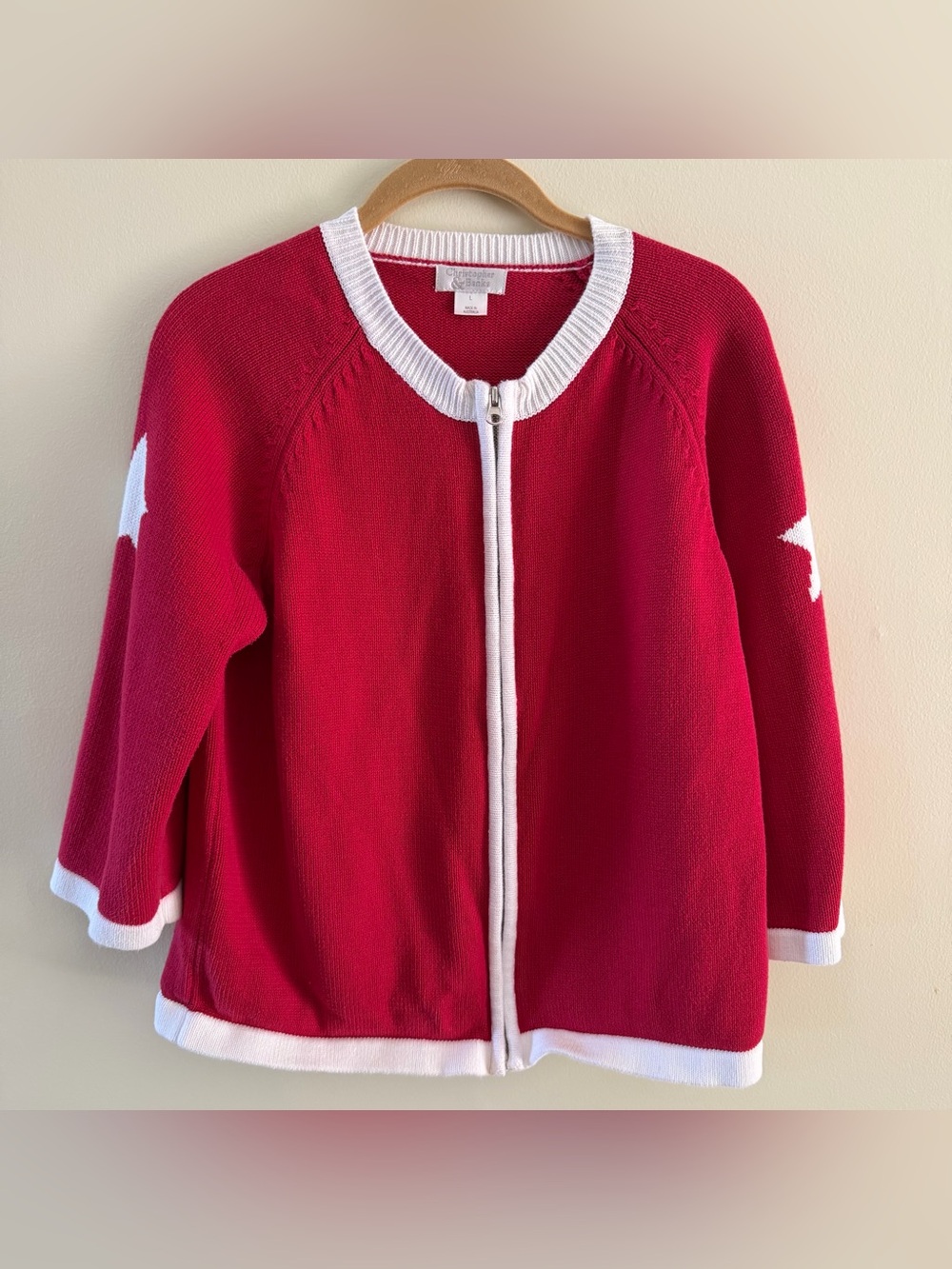 Vintage Christopher & Banks Sweater L Red White Star Zip Cardigan Australia